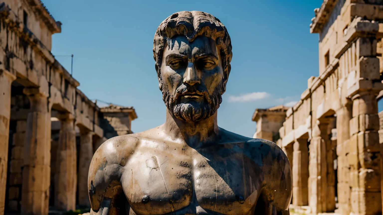 Ancient Stoic Statue With Very Angry Expression, tem barba, muitos detalhes em ambos os olhos, Outside, fundo atenas grego, open sky, com rosto extremamente detalhado full body view, Colors with low saturation with dark tone, Filmado em Sony A7S III com Sony FE 35mm f/1.8, 12.1 MP, --AR 3:2 --estilo cru