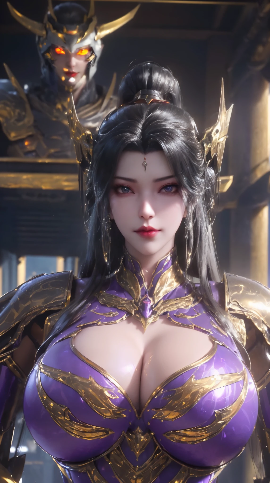 UPPER BODY,CLOSE UP HALF BODY,SOLO,(BEAUTY BLACK HAIR,GOLDEN DRAGON HORN HELM), (NSFW,HUGE OPPAI,CLEAVAGE TOP,MUSCLE ABS:1.5), ((WEARING OUTFIT PURPLE SHINY MODERN MECHA FUTURISTIC HEAVY ARMORED, MECHA LAGGINGS GUARD:1.5)),(CURVY VOLUPTUOUS BODY MATURE WOMAN:1.5), (SWEATY GLOSSY BODYSKIN:1.5), (LOOKING AT VIEWER:1.5),(BACKGROUND FUTURISTIC SPACE STATION:1), (PHOTOREALSITIC:1.4), (ULTRA-DETAILLIERT), (TOP-QUALITY), (BEST SHADOWS), BRIGHT LIGHT IN ROOM, HYPER TEXTURE, (4X MSAA), ((UNREAL ENGINE 5 RENDER)), PHYSICALLY-BASED RENDERING, ULTRA HIGHT DEFINITION, 16K, 1080P.