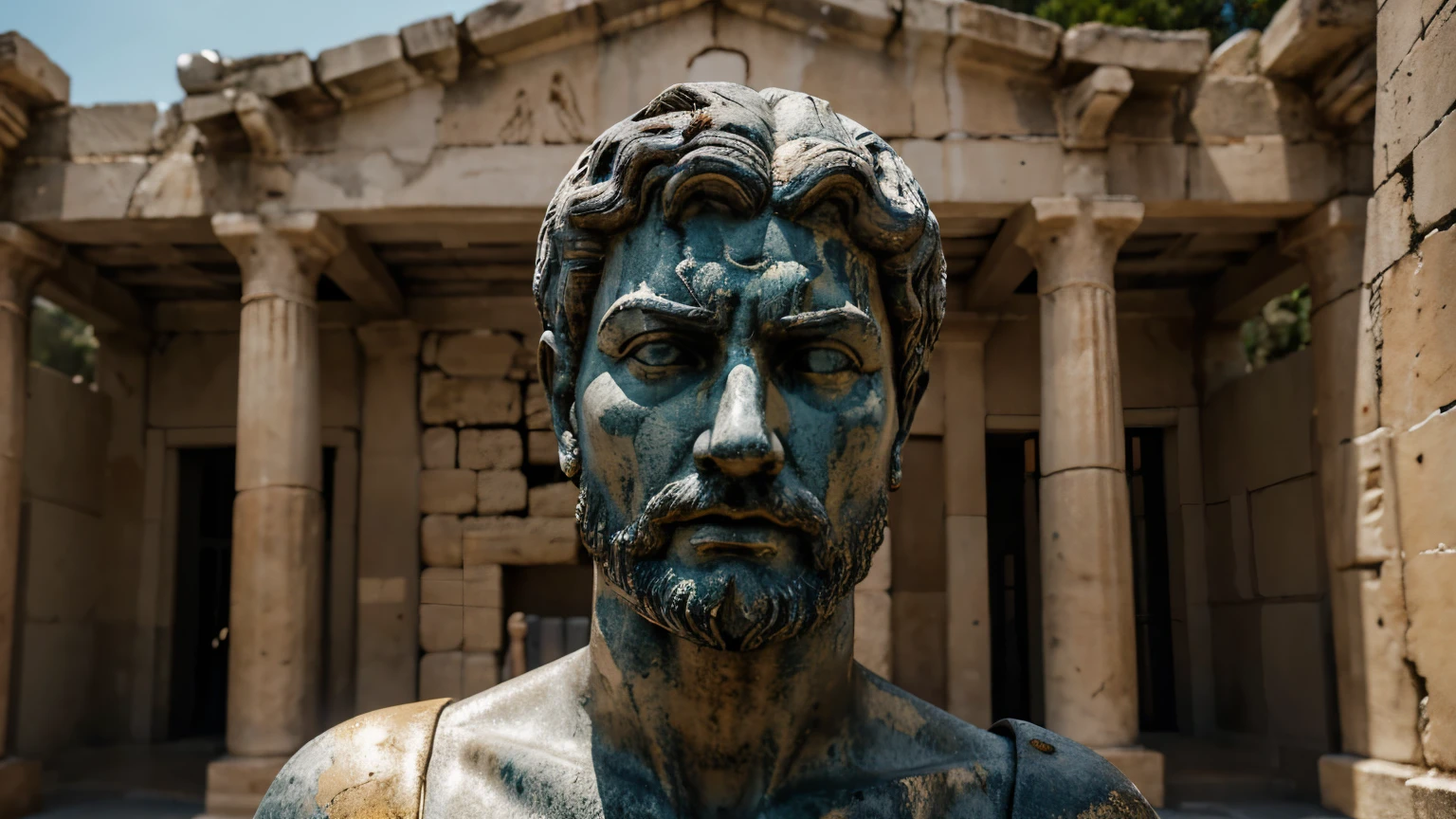 Ancient Stoic Statue With Very Angry Expression, tem barba, muitos detalhes em ambos os olhos, Outside, fundo atenas grego, open sky, com rosto extremamente detalhado full body view, Colors with low saturation with dark tone, Filmado em Sony A7S III com Sony FE 35mm f/1.8, 12.1 MP, --AR 3:2 --estilo cru