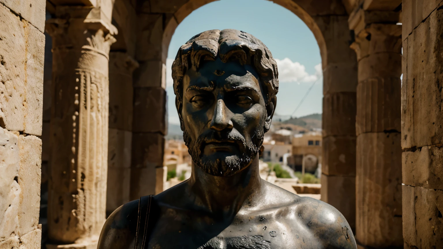Ancient Stoic Statue With Very Angry Expression, tem barba, muitos detalhes em ambos os olhos, Outside, fundo atenas grego, open sky, com rosto extremamente detalhado full body view, Colors with low saturation with dark tone, Filmado em Sony A7S III com Sony FE 35mm f/1.8, 12.1 MP, --AR 3:2 --estilo cru