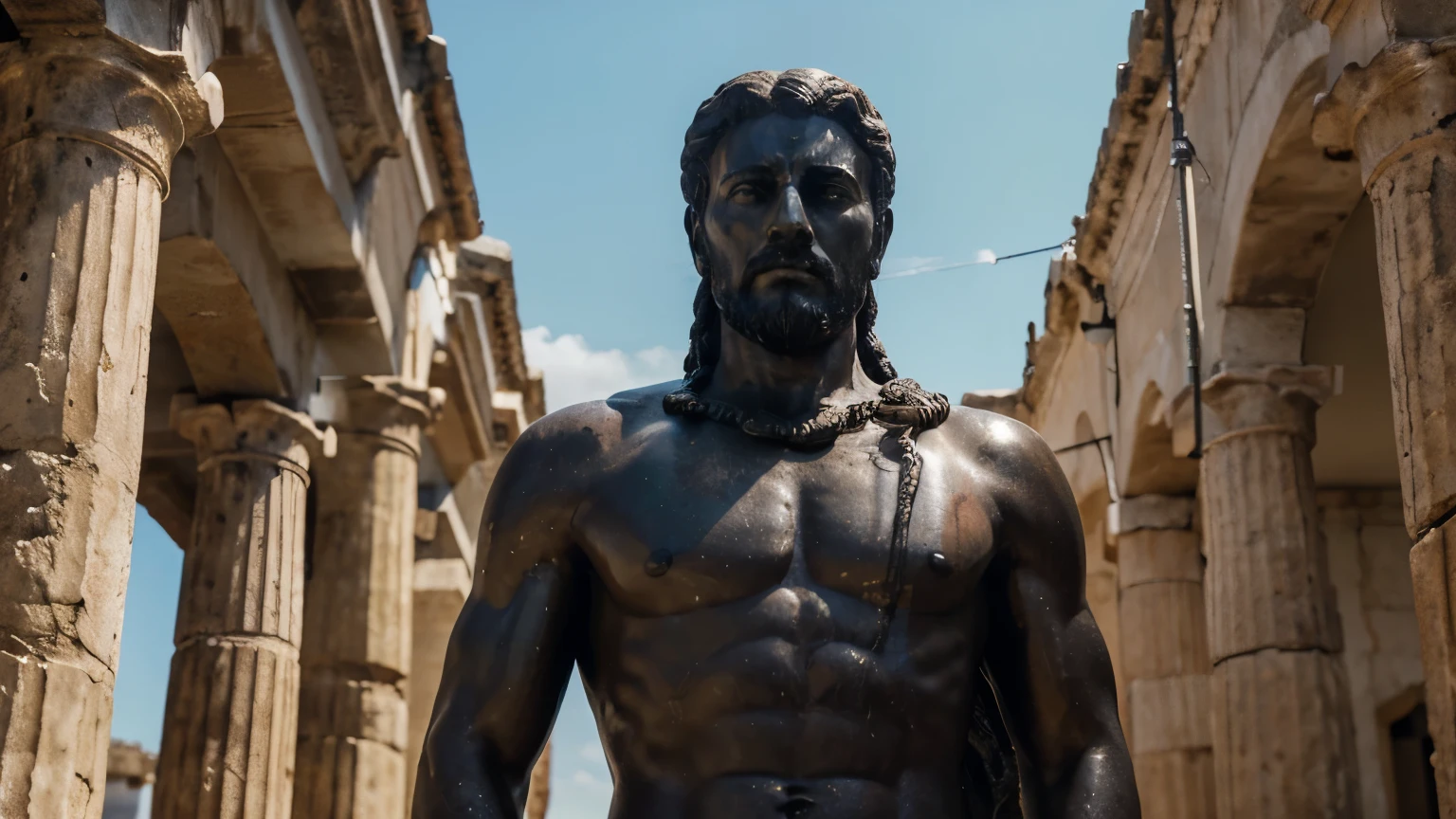 Ancient Stoic Statue With Very Angry Expression, tem barba, muitos detalhes em ambos os olhos, Outside, fundo atenas grego, open sky, com rosto extremamente detalhado full body view, Colors with low saturation with dark tone, Filmado em Sony A7S III com Sony FE 35mm f/1.8, 12.1 MP, --AR 3:2 --estilo cru