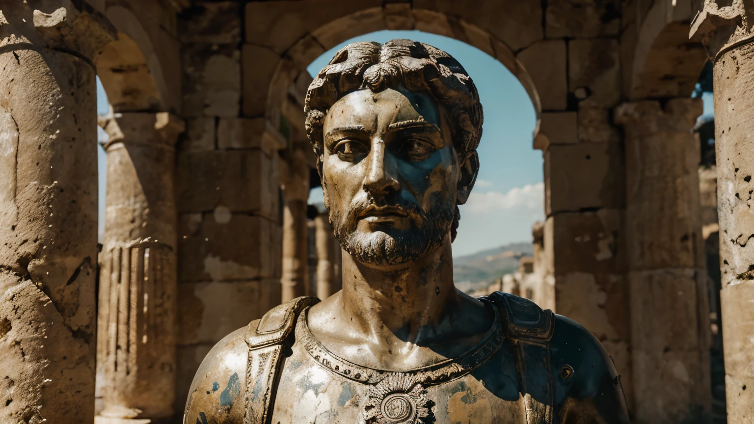 Ancient Stoic Statue With Very Angry Expression, tem barba, muitos detalhes em ambos os olhos, Outside, fundo atenas grego, open sky, com rosto extremamente detalhado full body view, Colors with low saturation with dark tone, Filmado em Sony A7S III com Sony FE 35mm f/1.8, 12.1 MP, --AR 3:2 --estilo cru