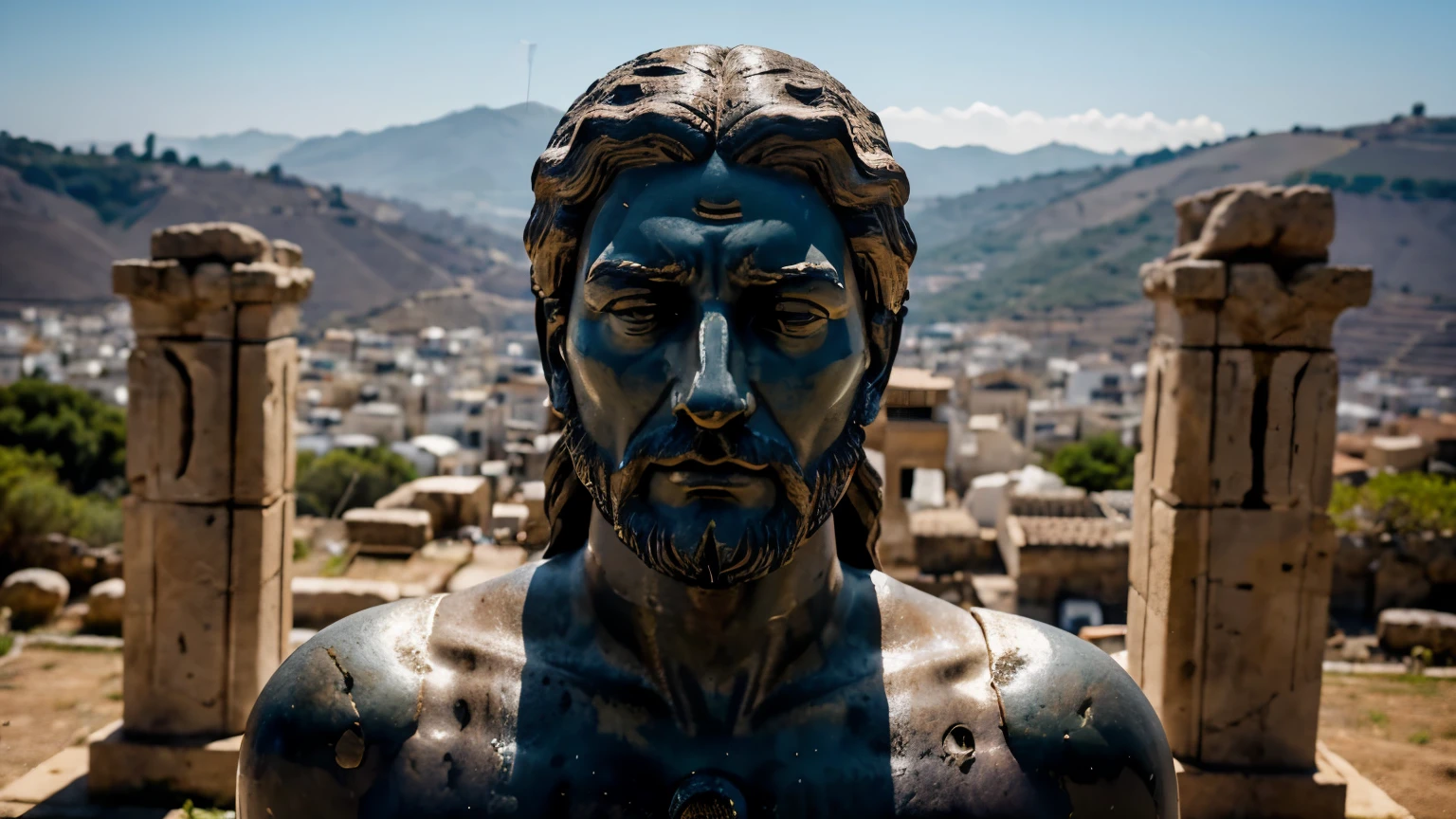 Ancient Stoic Statue With Very Angry Expression, tem barba, muitos detalhes em ambos os olhos, Outside, fundo atenas grego, open sky, com rosto extremamente detalhado full body view, Colors with low saturation with dark tone, Filmado em Sony A7S III com Sony FE 35mm f/1.8, 12.1 MP, --AR 3:2 --estilo cru