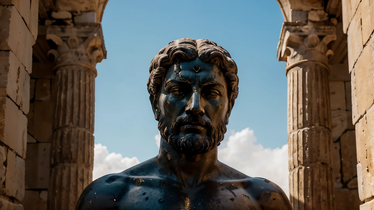 Ancient Stoic Statue With Very Angry Expression, tem barba, muitos detalhes em ambos os olhos, Outside, fundo atenas grego, open sky, com rosto extremamente detalhado full body view, Colors with low saturation with dark tone, Filmado em Sony A7S III com Sony FE 35mm f/1.8, 12.1 MP, --AR 3:2 --estilo cru