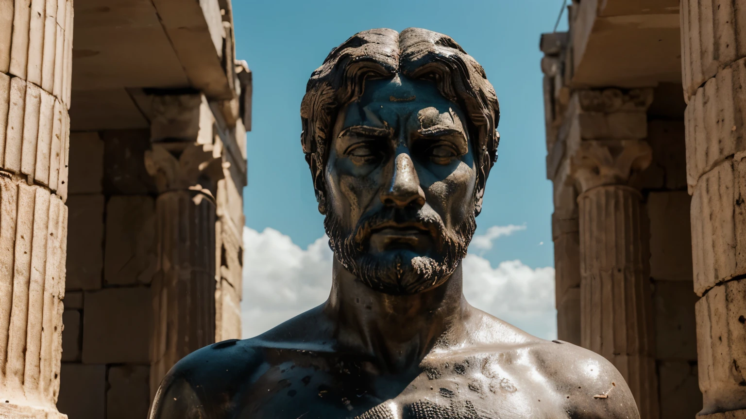 Ancient Stoic Statue With Very Angry Expression, tem barba, muitos detalhes em ambos os olhos, Outside, fundo atenas grego, open sky, com rosto extremamente detalhado full body view, Colors with low saturation with dark tone, Filmado em Sony A7S III com Sony FE 35mm f/1.8, 12.1 MP, --AR 3:2 --estilo cru