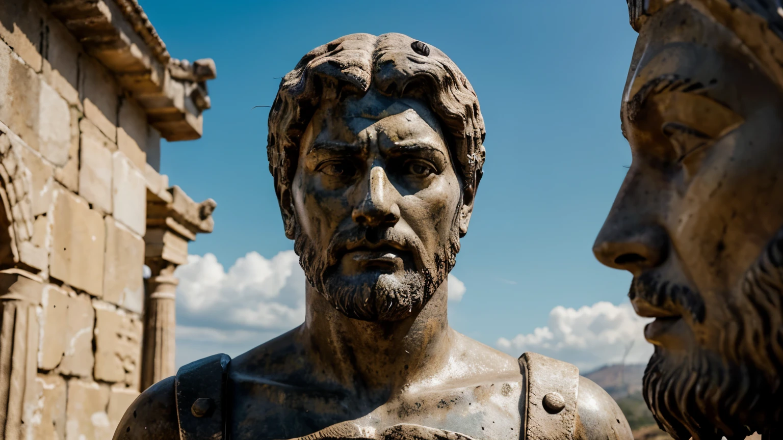 Ancient Stoic Statue With Very Angry Expression, tem barba, muitos detalhes em ambos os olhos, Outside, fundo atenas grego, open sky, com rosto extremamente detalhado full body view, Colors with low saturation with dark tone, Filmado em Sony A7S III com Sony FE 35mm f/1.8, 12.1 MP, --AR 3:2 --estilo cru