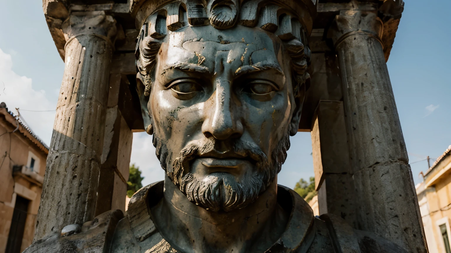 Ancient Stoic Statue With Very Angry Expression, tem barba, muitos detalhes em ambos os olhos, Outside, fundo atenas grego, open sky, com rosto extremamente detalhado full body view, Colors with low saturation with dark tone, Filmado em Sony A7S III com Sony FE 35mm f/1.8, 12.1 MP, --AR 3:2 --estilo cru