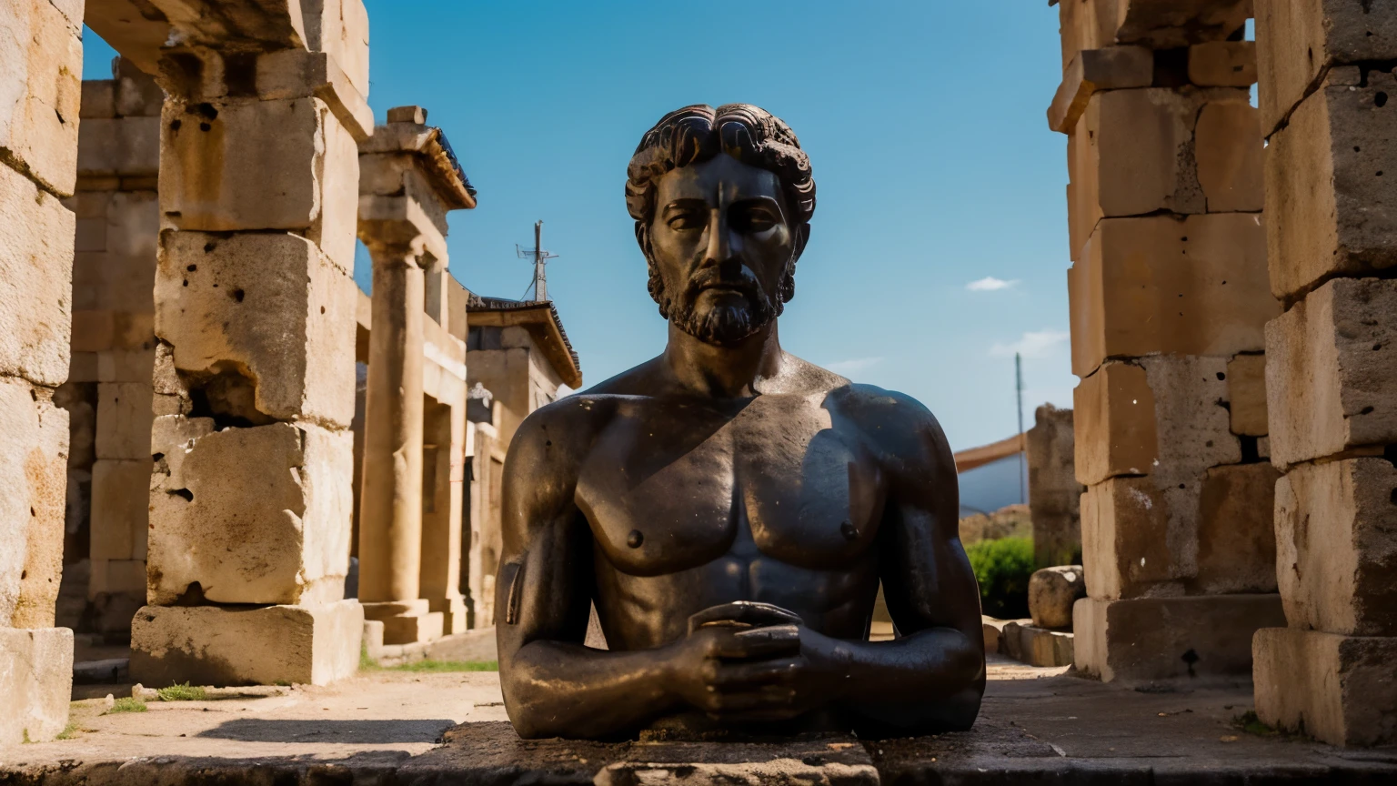 Ancient Stoic Statue With Very Angry Expression, tem barba, muitos detalhes em ambos os olhos, Outside, fundo atenas grego, open sky, com rosto extremamente detalhado full body view, Colors with low saturation with dark tone, Filmado em Sony A7S III com Sony FE 35mm f/1.8, 12.1 MP, --AR 3:2 --estilo cru
