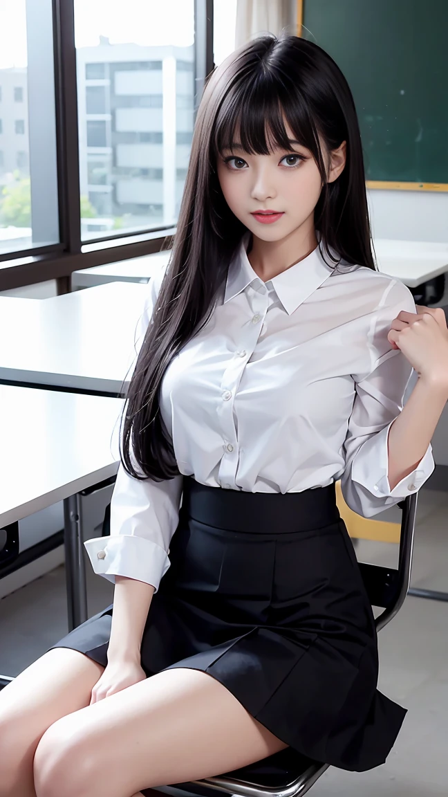 (Girl sitting on classroom chair,crossedlegs)、porate、bright expression、young and shiny white shiny skin、Best Looks、ultimate beauty girl、The most beautiful platinum black hair in the world、Shiny black hair,、Super long silky straight hair、Beautiful bangs that shine、Sparkling crystal clear and charming blue eyes、Very nice and lovely 18 year old girl, white dress shirt, Large bust、(Japanese High Schpol Uniform dark red flared skirt)、(up skirt)、((No bra))((Hide with both hands,))