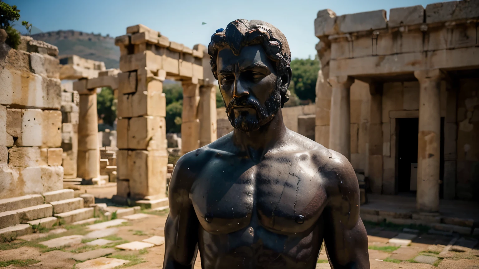 Ancient Stoic Statue With Very Angry Expression, tem barba, muitos detalhes em ambos os olhos, Outside, fundo atenas grego, open sky, com rosto extremamente detalhado full body view, Colors with low saturation with dark tone, Filmado em Sony A7S III com Sony FE 35mm f/1.8, 12.1 MP, --AR 3:2 --estilo cru
