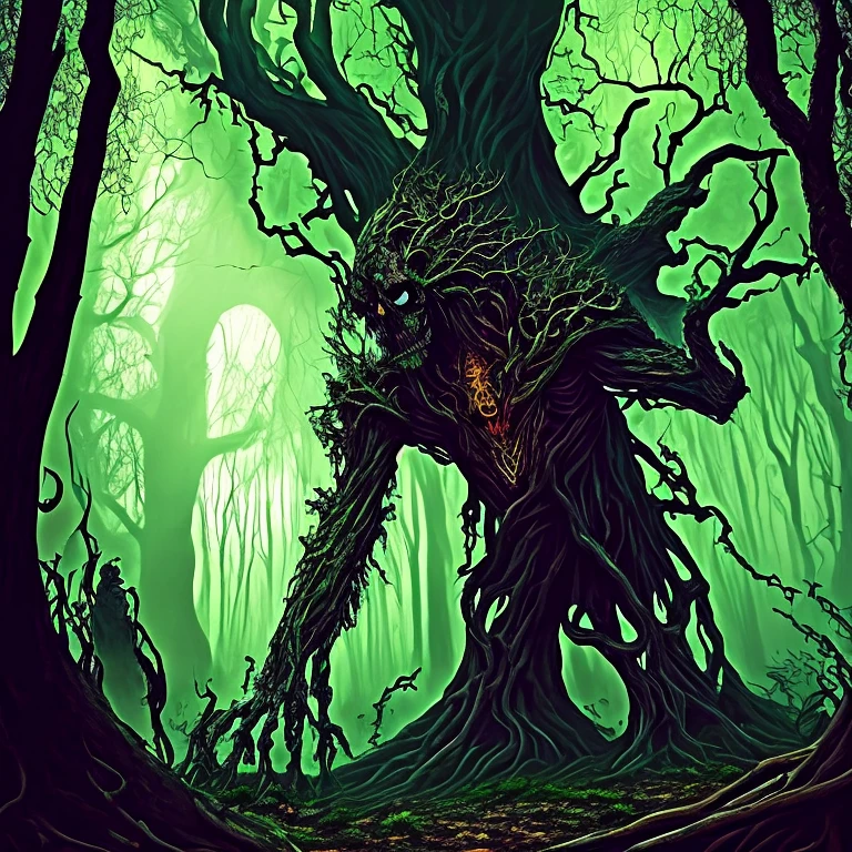 a monster,(((tree))),(tree monster),sole,moving twisted tree with skeletons,dead rotting skin on the face,detailed rotting peeling dead skin,full body view,(in the dark green forest),overgrown tomb,woodland cemetery,dark cursed forest,nocturnal environment,mysterious shadows,scary atmosphere,menacing tree branches,withered leaves,haunted environment,distorted reality,dark and gloomy colors,gothic art style,fusion of horror and fantasy