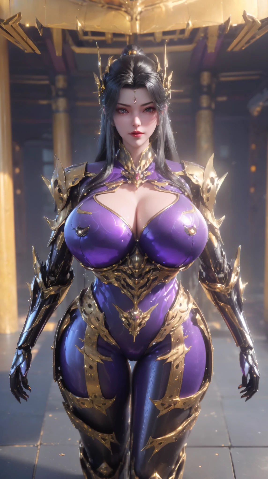 UPPER BODY,CLOSE UP HALF BODY,SOLO,(BEAUTY BLACK HAIR,GOLDEN DRAGON HORN HELM), (NSFW,HUGE OPPAI,CLEAVAGE TOP,MUSCLE ABS:1.5), ((WEARING OUTFIT PURPLE SHINY MODERN MECHA FUTURISTIC HEAVY ARMORED, MECHA LAGGINGS GUARD:1.5)),(CURVY VOLUPTUOUS BODY MATURE WOMAN:1.5), (SWEATY GLOSSY BODYSKIN:1.5), (LOOKING AT VIEWER:1.5),(BACKGROUND FUTURISTIC SPACE STATION:1), (PHOTOREALSITIC:1.4), (ULTRA-DETAILLIERT), (TOP-QUALITY), (BEST SHADOWS), BRIGHT LIGHT IN ROOM, HYPER TEXTURE, (4X MSAA), ((UNREAL ENGINE 5 RENDER)), PHYSICALLY-BASED RENDERING, ULTRA HIGHT DEFINITION, 16K, 1080P.