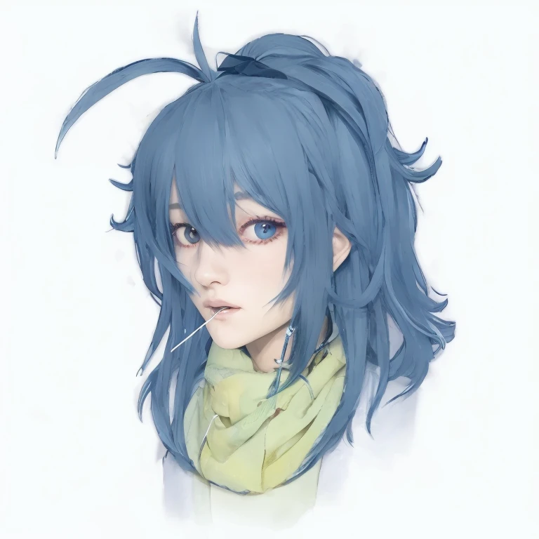 anime girl blue hair and a scarf looking to the side, Zodiac Girl Knight Portrait, 2D anime style, Anime cute art style, blue hair, aqua of konosuba, color drawing, girl blue hair, Produced by Anime Painter Studio, Goto Koharu, Kajika Ferry, rimuru storm side photo