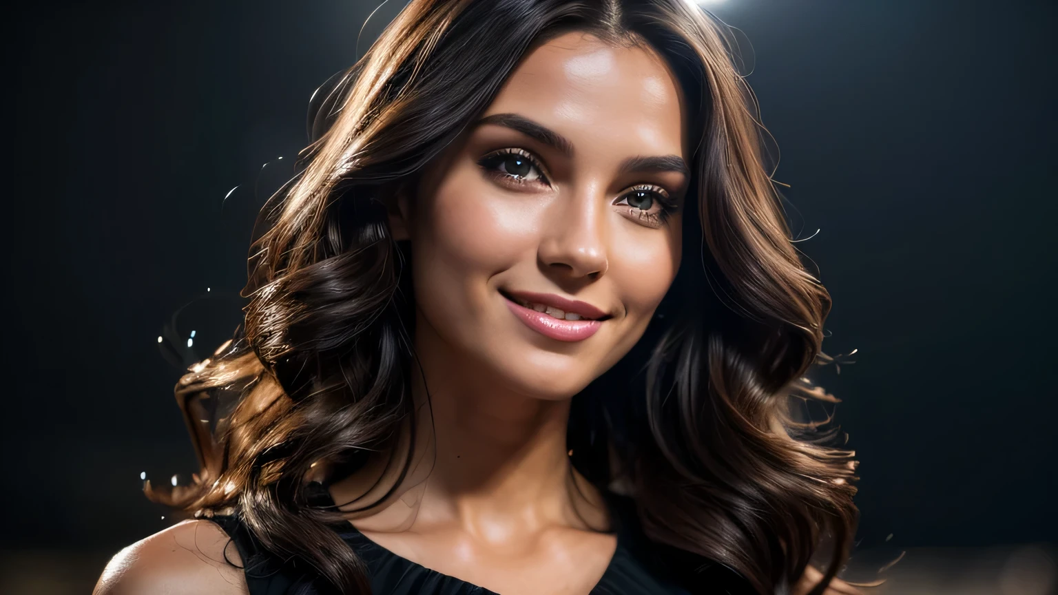 (brunette perfect body Supermodel), (wavy medium hair), wearing (black dress), pose with light smile, feminine fit detailed body and face and skin pores, highly detailed expressive, space above head, depth of field, skin details, night light outside, ultra realistic, cinematic