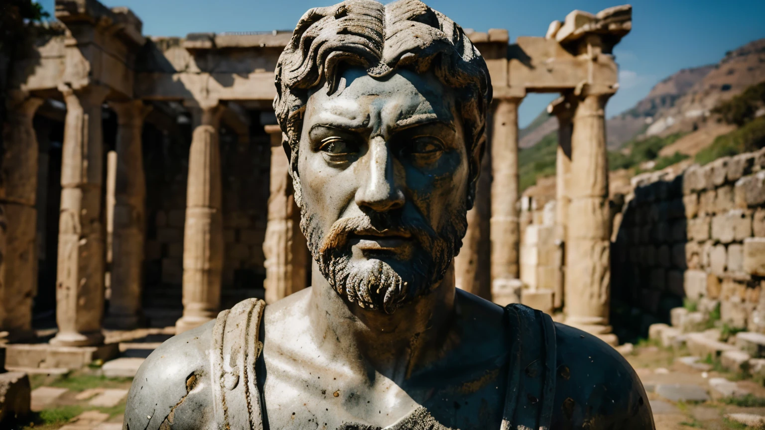 Ancient Stoic Statue With Very Angry Expression, tem barba, muitos detalhes em ambos os olhos, Outside, fundo atenas grego, open sky, com rosto extremamente detalhado full body view, Colors with low saturation with dark tone, Filmado em Sony A7S III com Sony FE 35mm f/1.8, 12.1 MP, --AR 3:2 --estilo cru