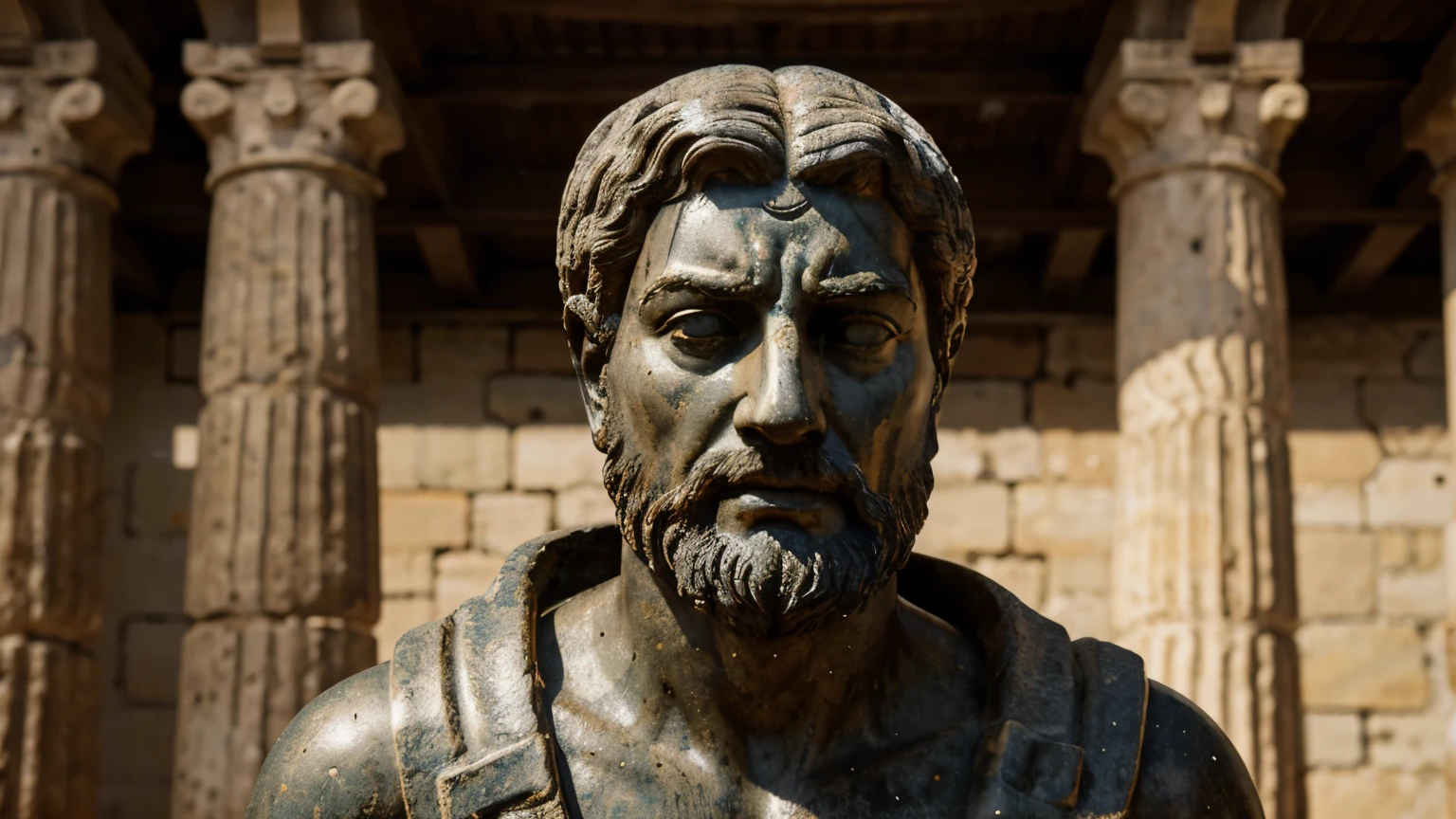 Ancient Stoic Statue With Very Angry Expression, tem barba, muitos detalhes em ambos os olhos, Outside, fundo atenas grego, open sky, com rosto extremamente detalhado full body view, Colors with low saturation with dark tone, Filmado em Sony A7S III com Sony FE 35mm f/1.8, 12.1 MP, --AR 3:2 --estilo cru