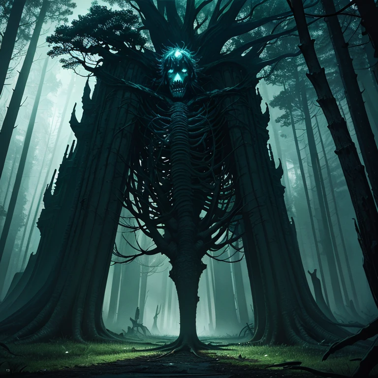 a monster,(((tree))),(tree monster),sole,moving twisted tree with skeletons,dead rotting skin on the face,detailed rotting peeling dead skin,full body view,(in the dark green forest),overgrown tomb,woodland cemetery,dark cursed forest,nocturnal environment,mysterious shadows,scary atmosphere,menacing tree branches,withered leaves,haunted environment,distorted reality,dark and gloomy colors,gothic art style,fusion of horror and fantasy