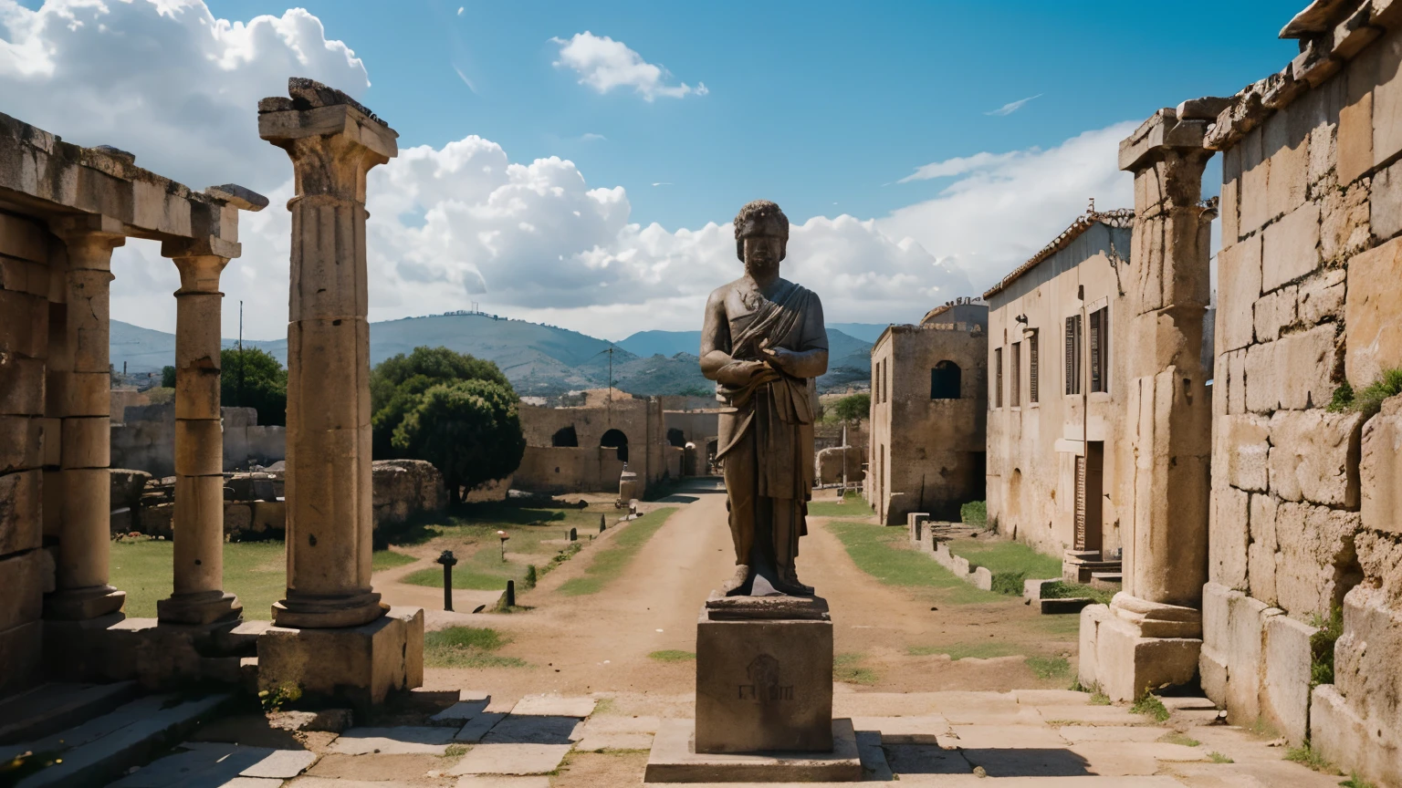 Ancient Stoic Statue With Very Angry Expression, tem barba, muitos detalhes em ambos os olhos, Outside, fundo atenas grego, open sky, com rosto extremamente detalhado full body view, Colors with low saturation with dark tone, Filmado em Sony A7S III com Sony FE 35mm f/1.8, 12.1 MP, --AR 3:2 --estilo cru