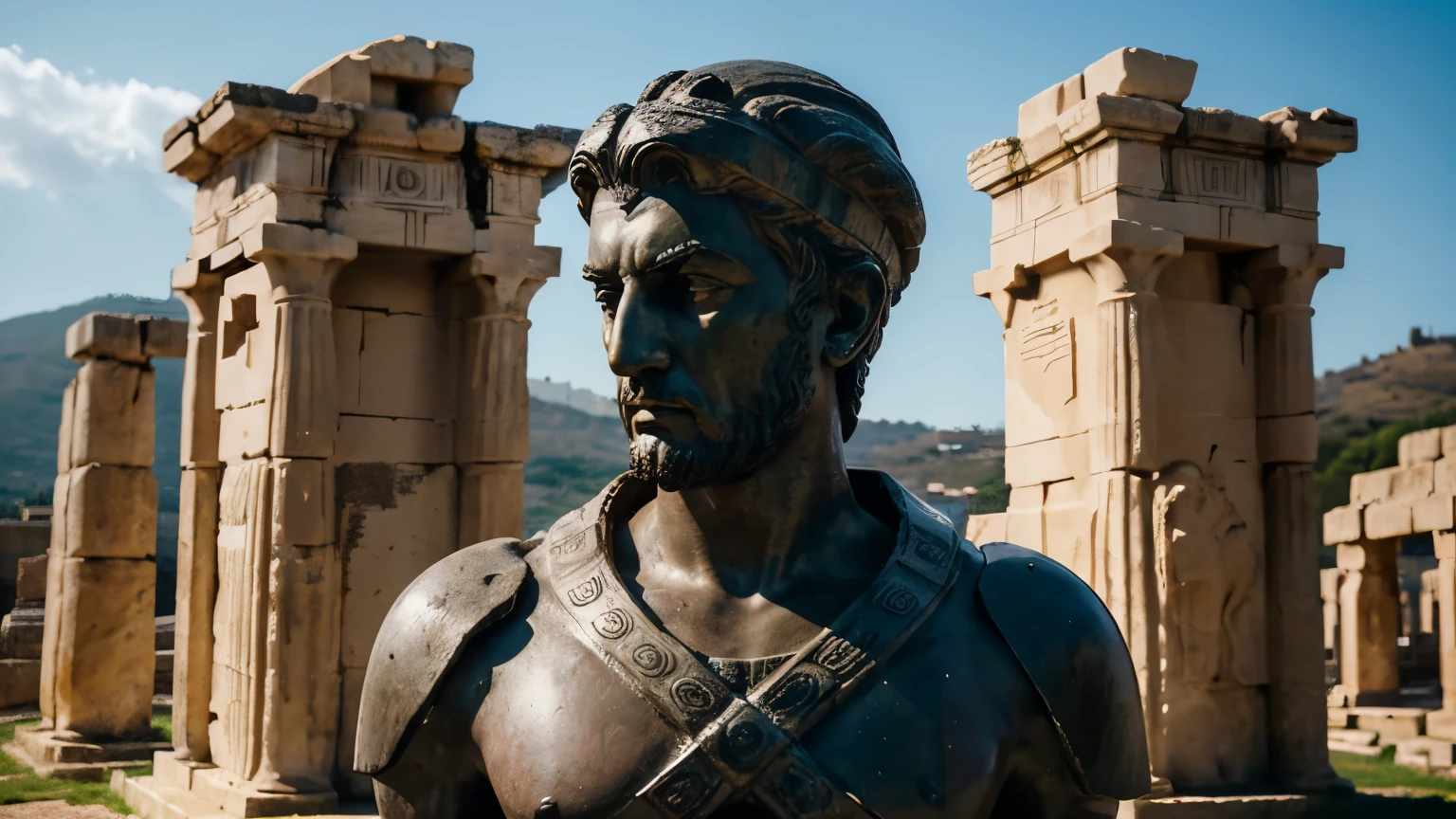 Ancient Stoic Statue With Very Angry Expression, tem barba, muitos detalhes em ambos os olhos, Outside, fundo atenas grego, open sky, com rosto extremamente detalhado full body view, Colors with low saturation with dark tone, Filmado em Sony A7S III com Sony FE 35mm f/1.8, 12.1 MP, --AR 3:2 --estilo cru