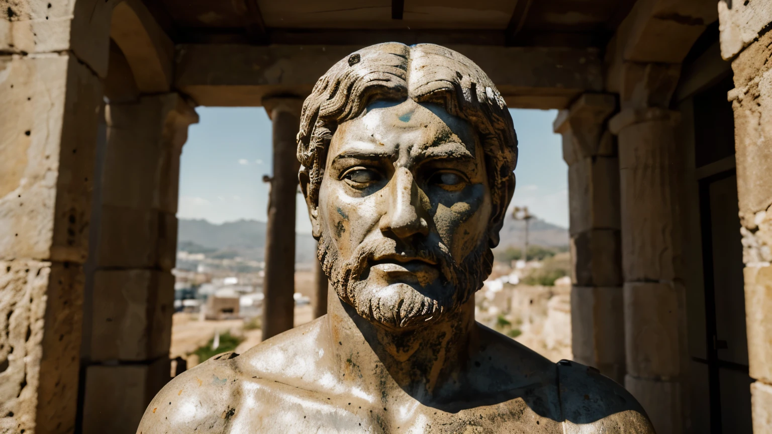 Ancient Stoic Statue With Very Angry Expression, tem barba, muitos detalhes em ambos os olhos, Outside, fundo atenas grego, open sky, com rosto extremamente detalhado full body view, Colors with low saturation with dark tone, Filmado em Sony A7S III com Sony FE 35mm f/1.8, 12.1 MP, --AR 3:2 --estilo cru