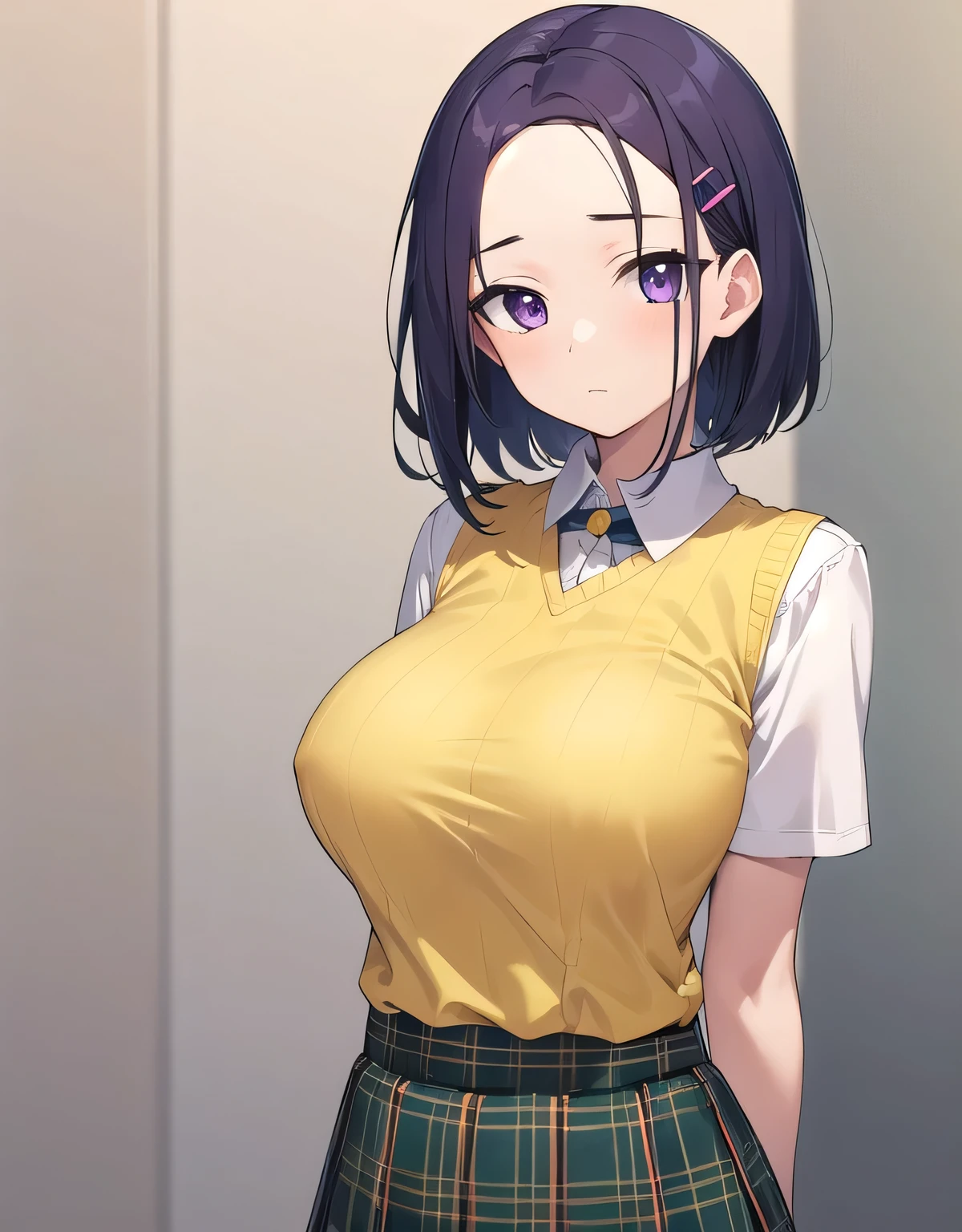 Haruna Sairenji, hair ornaments, hair clip, (purple eyes:1.1), purple hair, short hair, flowing bangs, (amount:1.2),green skirt, Plaid, Plaid skirt, Sainan High School , skirt, sweater vest, (yellow sweater:1.3), short sleeve,(big breasts:1.5),looking at the viewer,Are standing,(((masterpiece))),((highest quality)),perfect anatomy,8K UHD,highly detailed face,luster and luster,((1 girl)),((alone)),beautiful and fine eyes,perfect image,(Upper body:1.1),(look ahead:1.1),turn your arms behind your back,slim waist,(shiny hair),super detailed,disorganized,