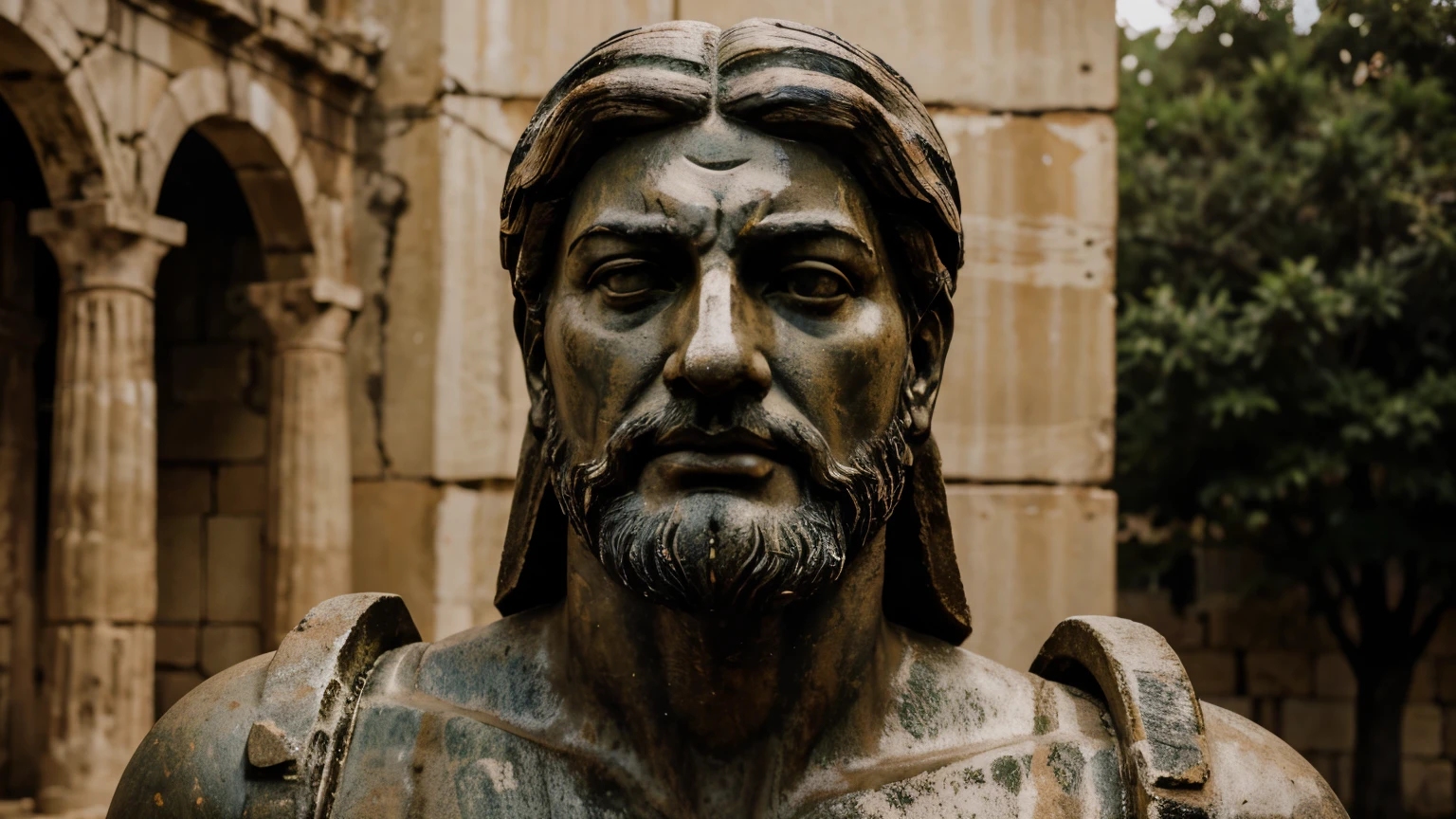 Ancient Stoic Statue With Very Angry Expression, tem barba, muitos detalhes em ambos os olhos, Outside, fundo atenas grego, open sky, com rosto extremamente detalhado full body view, Colors with low saturation with dark tone, Filmado em Sony A7S III com Sony FE 35mm f/1.8, 12.1 MP, --AR 3:2 --estilo cru