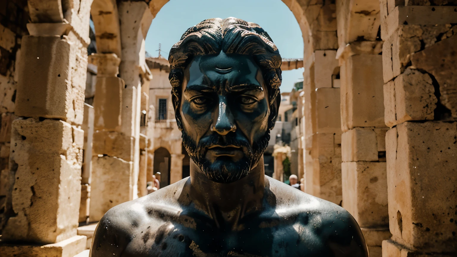 Ancient Stoic Statue With Very Angry Expression, tem barba, muitos detalhes em ambos os olhos, Outside, fundo atenas grego, open sky, com rosto extremamente detalhado full body view, Colors with low saturation with dark tone, Filmado em Sony A7S III com Sony FE 35mm f/1.8, 12.1 MP, --AR 3:2 --estilo cru