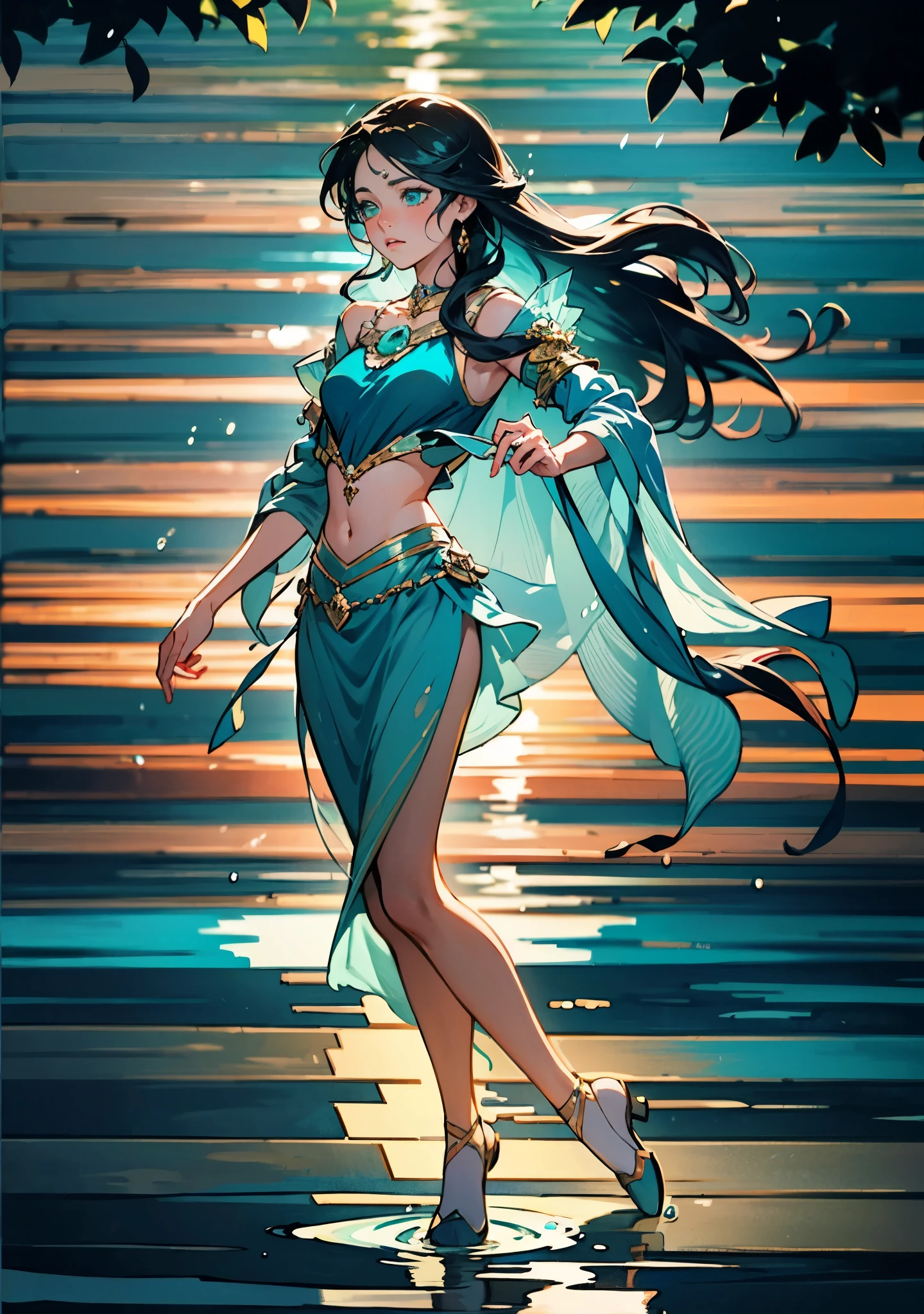 A beautiful woman with cascading waves of aqua-blue long hair, exquisite facial features, a melancholic expression, delicate and bright eyes, skin as smooth and radiant as polished jade, her slender and graceful figure dances like water splashes in the wind, a splendid fantasy-style islander ethnic costume, a short skirt resembling ocean waves, her slender legs leap lightly above the water surface, surrounded by splashing droplets that dance in the air, this character embodies a finely crafted fantasy-style female dancer in anime style, exquisite and mature manga art style, high definition, best quality, highres, ultra-detailed, ultra-fine painting, extremely delicate, professional, anatomically correct, symmetrical face, extremely detailed eyes and face, high quality eyes, creativity, RAW photo, UHD, 8k, Natural light, cinematic lighting, masterpiece-anatomy-perfect, masterpiece:1.5