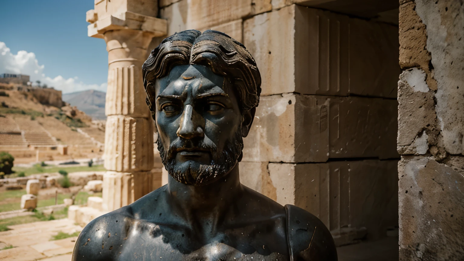 Ancient Stoic Statue With Very Angry Expression, tem barba, muitos detalhes em ambos os olhos, Outside, fundo atenas grego, open sky, com rosto extremamente detalhado full body view, Colors with low saturation with dark tone, Filmado em Sony A7S III com Sony FE 35mm f/1.8, 12.1 MP, --AR 3:2 --estilo cru