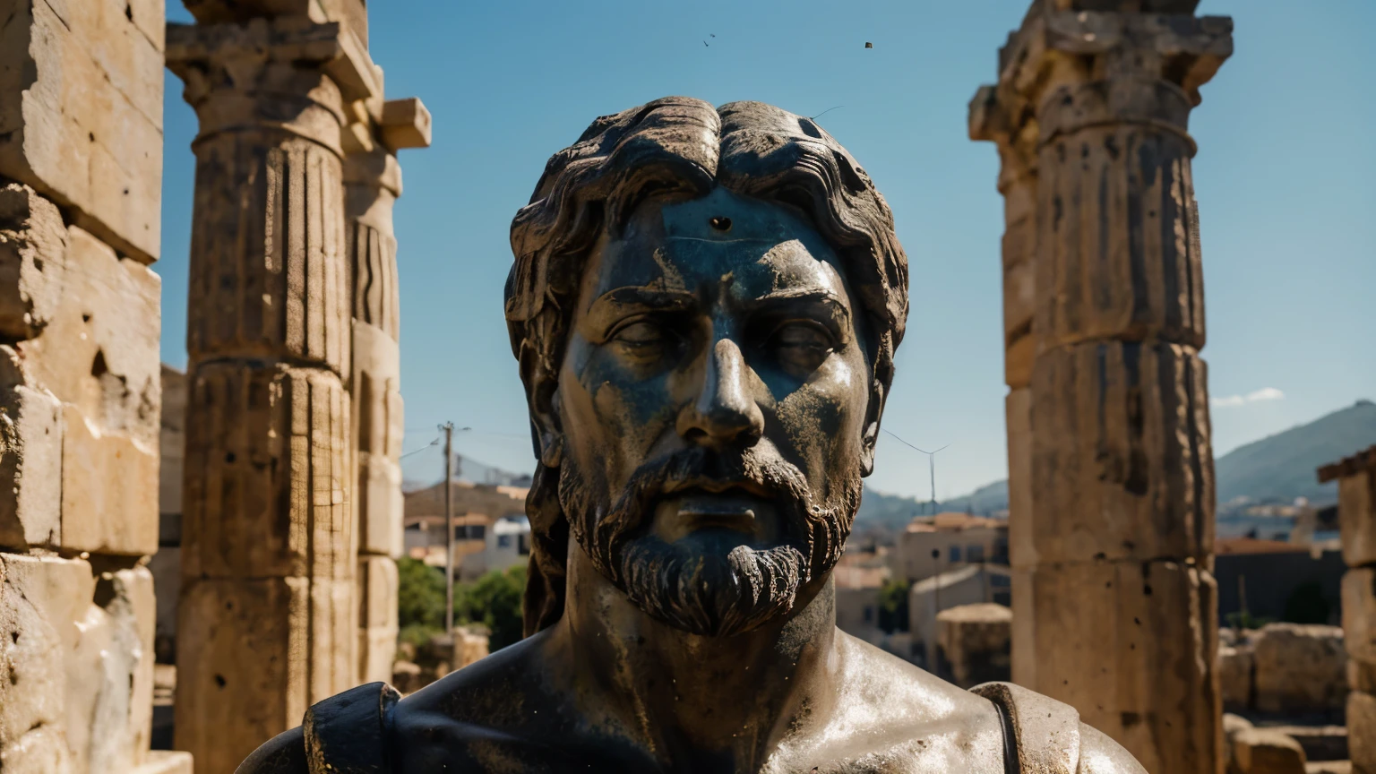 Ancient Stoic Statue With Very Angry Expression, tem barba, muitos detalhes em ambos os olhos, Outside, fundo atenas grego, open sky, com rosto extremamente detalhado full body view, Colors with low saturation with dark tone, Filmado em Sony A7S III com Sony FE 35mm f/1.8, 12.1 MP, --AR 3:2 --estilo cru