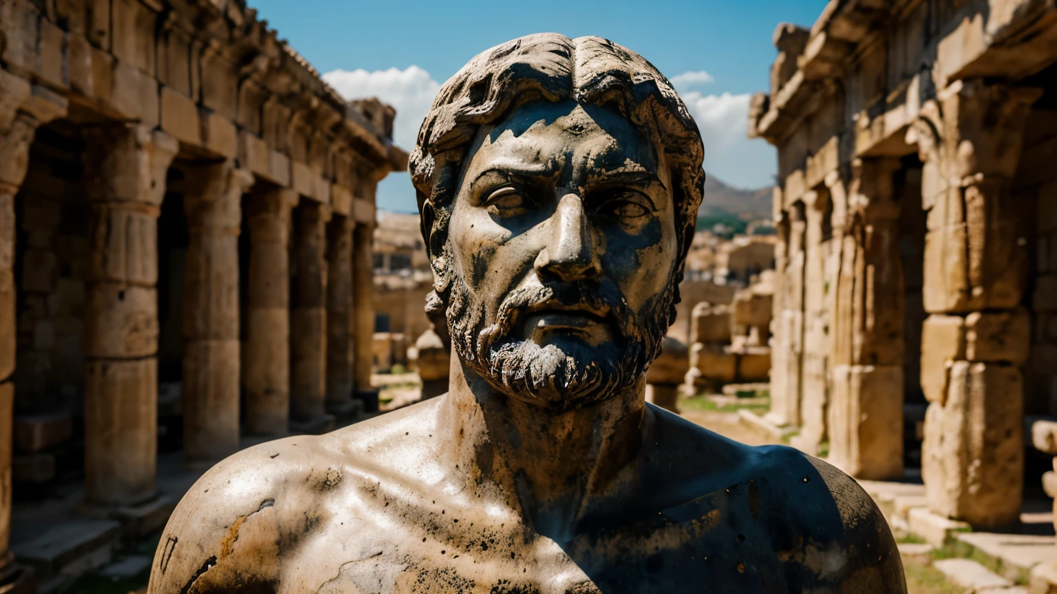 Ancient Stoic Statue With Very Angry Expression, tem barba, muitos detalhes em ambos os olhos, Outside, fundo atenas grego, open sky, com rosto extremamente detalhado full body view, Colors with low saturation with dark tone, Filmado em Sony A7S III com Sony FE 35mm f/1.8, 12.1 MP, --AR 3:2 --estilo cru