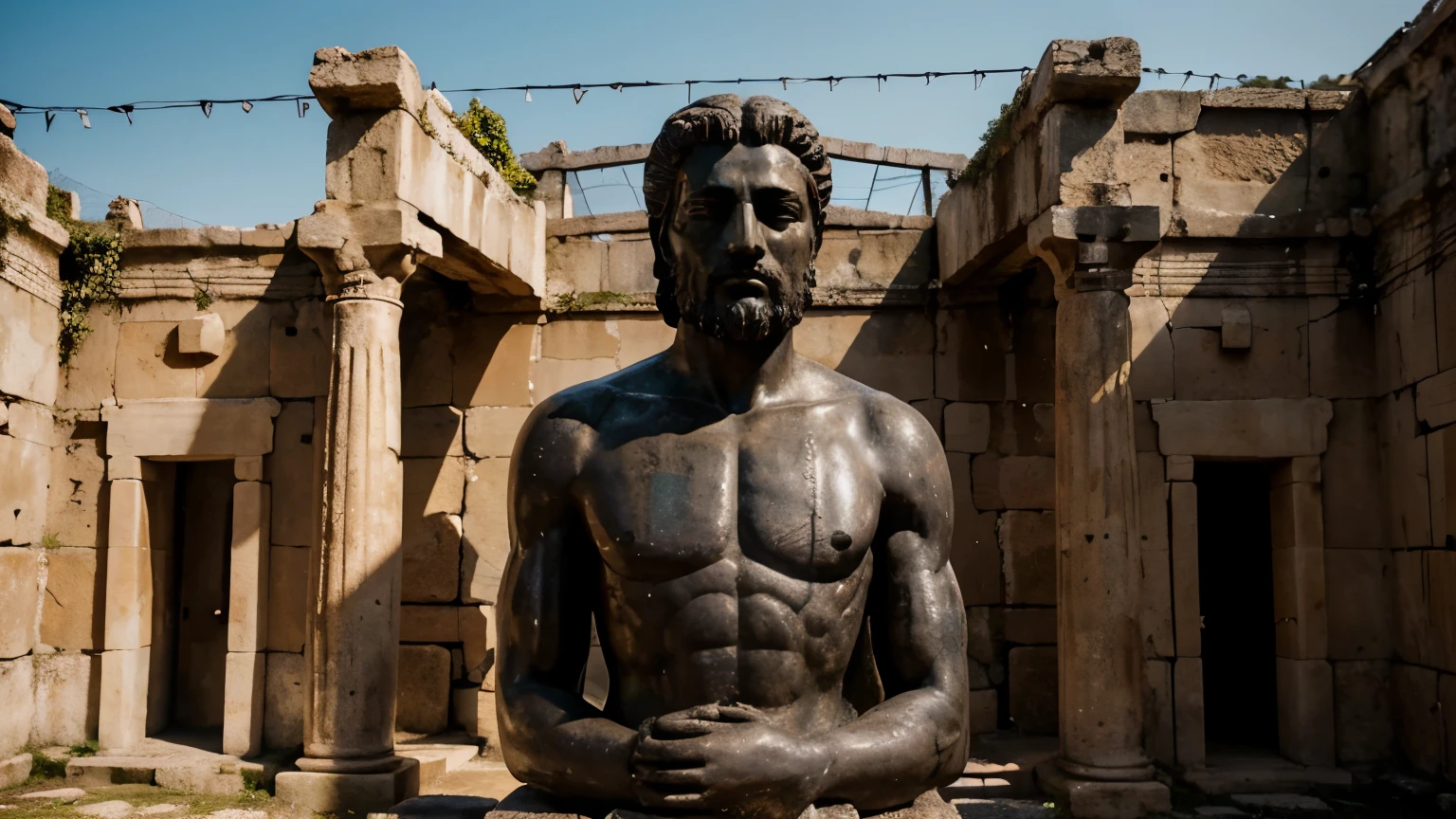 Ancient Stoic Statue With Very Angry Expression, tem barba, muitos detalhes em ambos os olhos, Outside, fundo atenas grego, open sky, com rosto extremamente detalhado full body view, Colors with low saturation with dark tone, Filmado em Sony A7S III com Sony FE 35mm f/1.8, 12.1 MP, --AR 3:2 --estilo cru