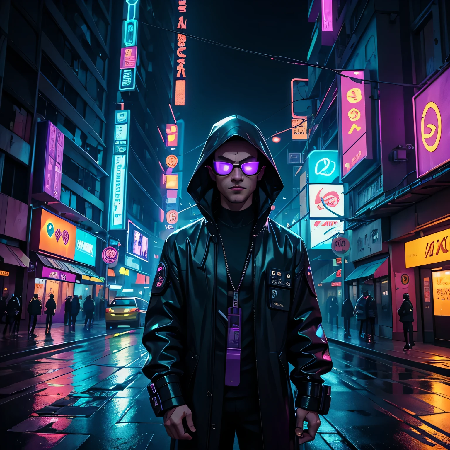 Cyberpunk man in a raincoat in the night city in the style of cyberpunk, neon. Fisheye camera effect, 360-degree camera, realism.:: cyberpunk::1 black light::1 twilight::1 DSLR::1 blue::1 neon green::1 neon purple::1 amber::1 --v 2 --quality 2