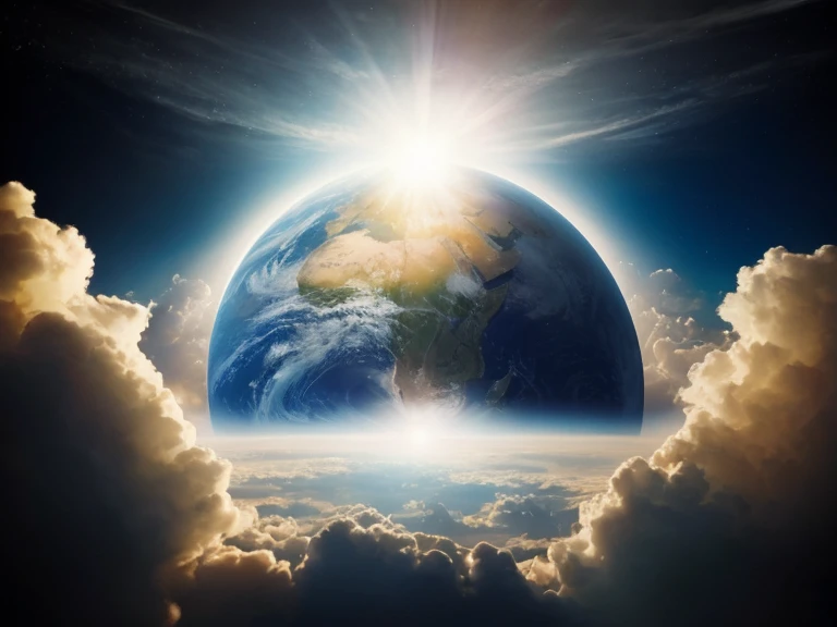 arafed view of a terra from space with clouds and sun, planet sky in the background, earth in the sky, terra no fundo, Terra ao fundo, earth in space, planet Terra ao fundo, Terra sintonizada, sky on Earth, creation of the world, a terra, fundo do planeta terra, land outside, a terra cobre levemente