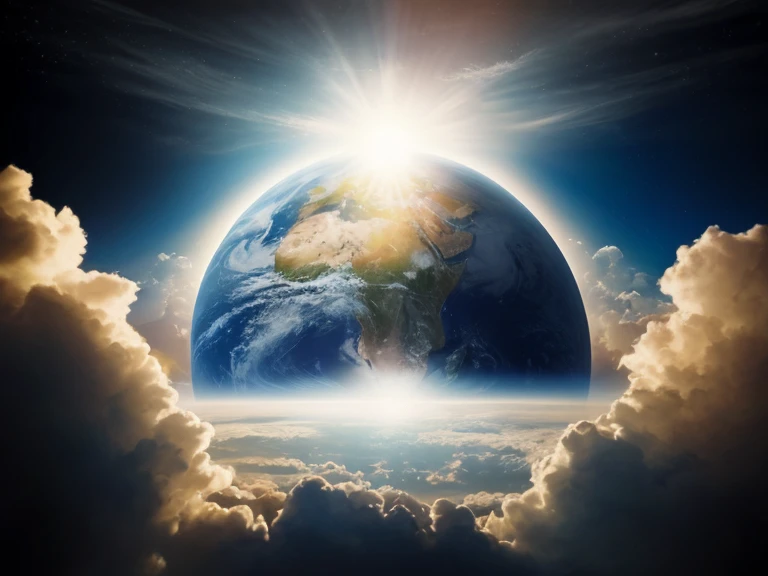 arafed view of a terra from space with clouds and sun, planet sky in the background, earth in the sky, terra no fundo, Terra ao fundo, earth in space, planet Terra ao fundo, Terra sintonizada, sky on Earth, creation of the world, a terra, fundo do planeta terra, land outside, a terra cobre levemente