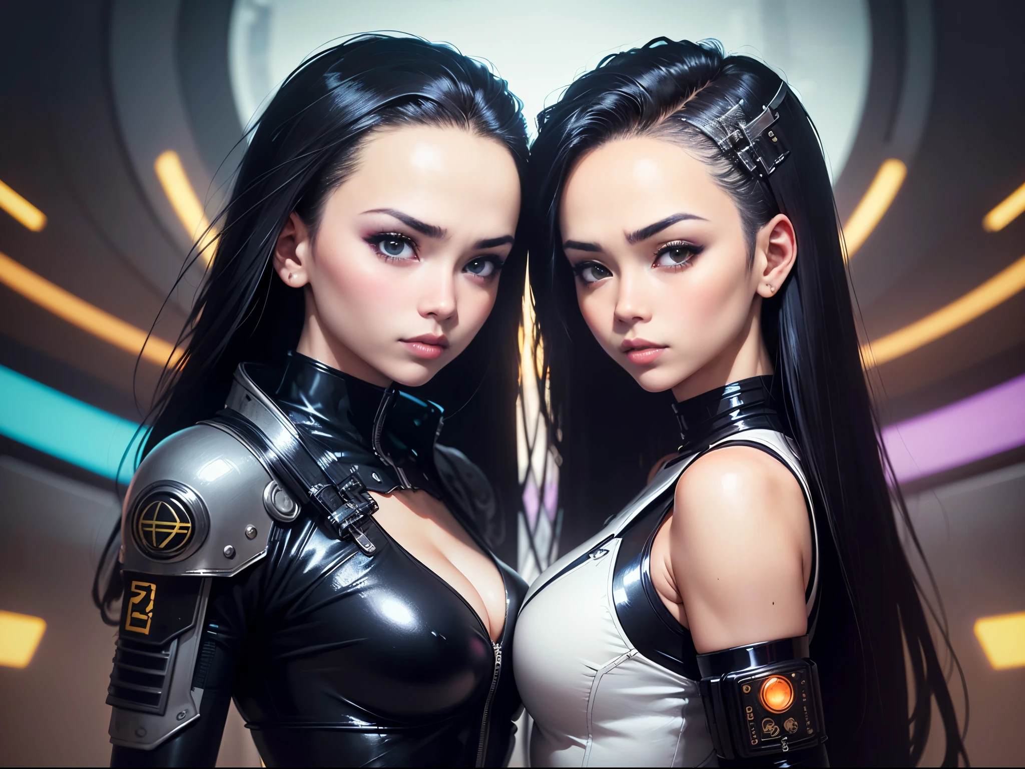 (Beautiful cyberpunk identical Asian twin girls (Embraced)), tiro de vaqueiro, ((ultra detalhado neon cyberpunk futurista cidade )), black Cabelo longo e sem forma, detalhado e intrincado ((fundo das ruas da cidade cyberpunk)), with high-tech holographic projections and elegant architecture, arte por (((Syd Mead, Masamune Shirow))), (foto realista altamente detalhada), sharp focus, qualidade ultra alta, vibrante, (seios grandes:1.7), Glossy latex is black, latex stockings, Cabelo longo e sem forma, (pele brilhante:1.4), Glossy lips, (detailed symmetrical face:1.7), tonificado, sexy, obra de arte, (cinematic lighting).