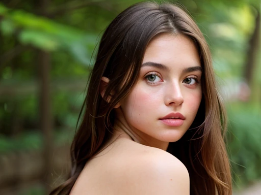 Create a realistic photo of a 20-year-old American girl with green eyes, long brown hair, crea una foto de todo su cuerpo que sea realista y muy sexy con una mirada muy dulce que muestre sus tetas naturales, una foto de muy alta calidad utilisando una camara de 85 mm para mejorar la imagen