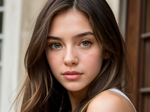 Create a realistic photo of a 20-year-old American girl with green eyes, long brown hair, crea una foto de todo su cuerpo que sea realista y muy sexy con una mirada muy dulce que muestre sus tetas naturales, una foto de muy alta calidad utilisando una camara de 85 mm para mejorar la imagen