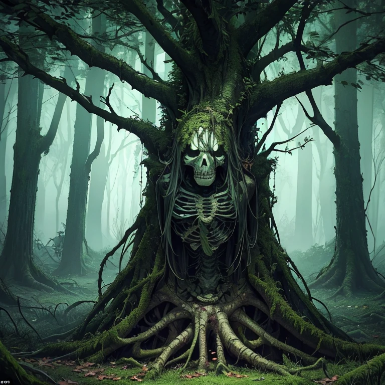 a monster,(((tree))),(tree monster),sole,moving twisted tree with skeletons,dead rotting skin on the face,detailed rotting peeling dead skin,full body view,(in the dark green forest),overgrown tomb,woodland cemetery,dark cursed forest,nocturnal environment,mysterious shadows,scary atmosphere,menacing tree branches,withered leaves,haunted environment,distorted reality,dark and gloomy colors,gothic art style,fusion of horror and fantasy