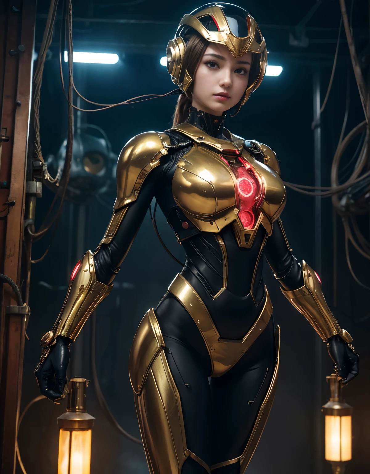 (Background of skimpy mechanical girl and octopus alien)、(Mystical expression)、highest quality、masterpiece、Super high resolution、(Photoreal:1.4)、RAW photo、1 girl、glowing skin、(((1 Mechanical Girl)))、Heavy chest、(gold metal bodysuit)、(Natural alien background to fight aliens)、(Small LED)、((Super realistic details))、vertical giant monster background),global illumination、Shadow、octane rendering、16K、super sharp、robotの背景、big breasts、Raw skin exposed in the cleavage、red metal、intricate decorative details、Japan details、very intricate details、realistic light、(Mystical expression),CG Society Trenlow Eyes、Eyes shining towards the camera、Mechanical marginal blood vessels connected to neon detail tubes)、(Wires and cables connecting to the head)、Small LED、,mechanical thighs、two stock、(Hands are also made of machines)、robot、future alien、Please wear a mechanical helmet、transparent face guard on helmet、
