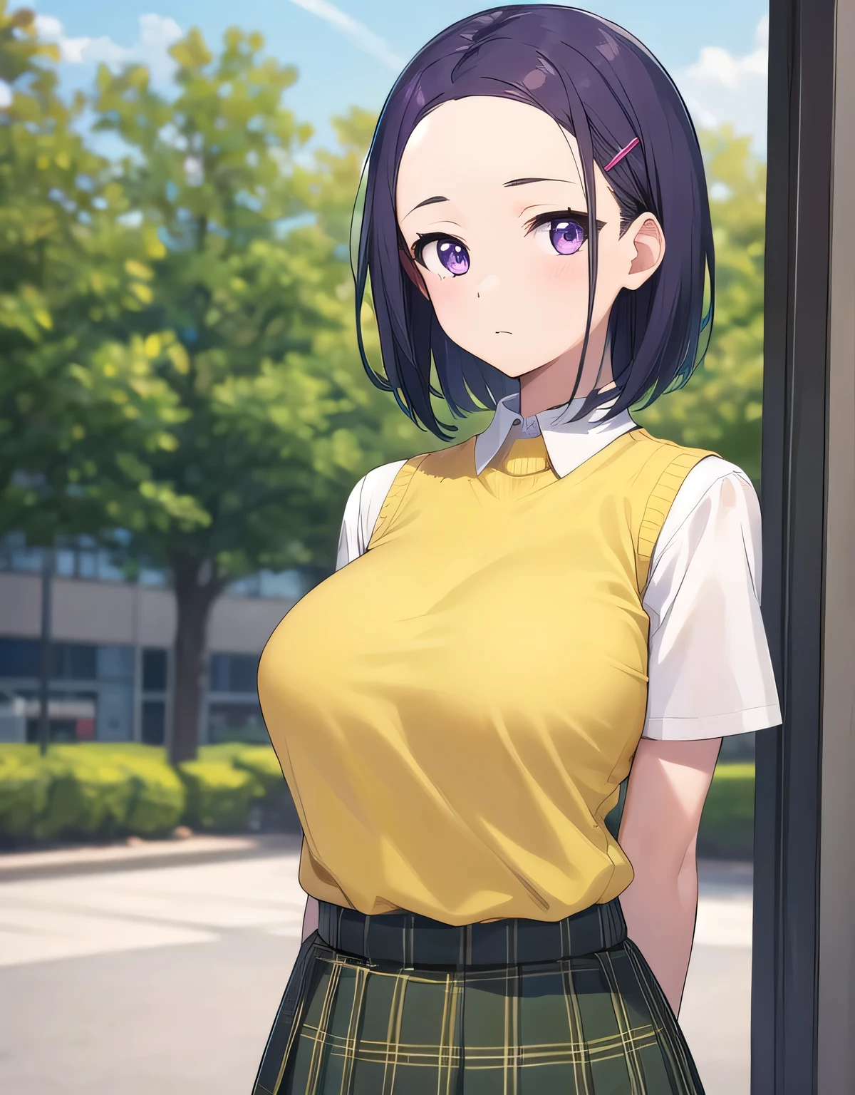 Haruna Sairenji, hair ornaments, hair clip, (purple eyes:1.1), purple hair, short hair, flowing bangs, (amount:1.2),green skirt, Plaid, Plaid skirt, Sainan High School , skirt, sweater vest, (yellow sweater:1.3), short sleeve,(big breasts:1.5),looking at the viewer,Are standing,(((masterpiece))),((highest quality)),perfect anatomy,8K UHD,highly detailed face,luster and luster,((1 girl)),((alone)),beautiful and fine eyes,perfect image,(Upper body:1.1),(look ahead:1.1),turn your arms behind your back,slim waist,(shiny hair),super detailed,disorganized,