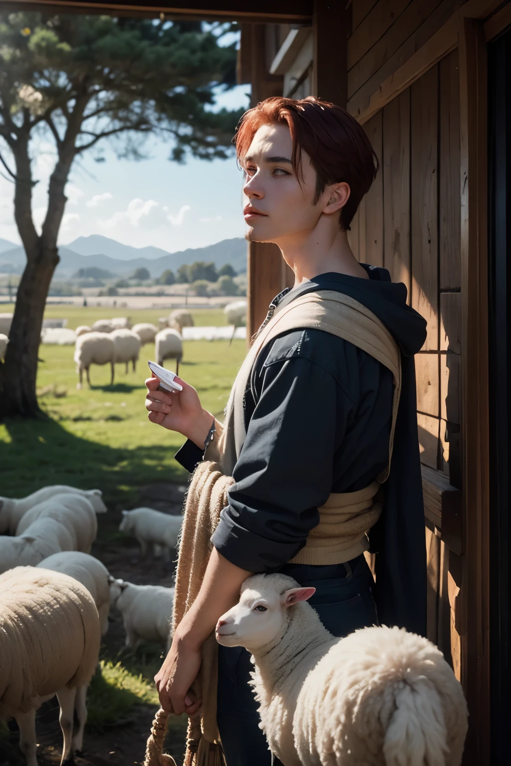 make a photo of red-haired man David in the first century period, um jovem pastor em um ambiente pastoral, Full of sheep and holding a sling in his hands, a imagem deve capturar a simplicidade e a serenidade da vida no campo Arte digital realista em 8K, digital ultra realista pintura, arte digital altamente realista8 k arte digital realista, pintura digital ultrarrealista, arte digital altamente realista, Nikon D850, 50mm, f/1.4
