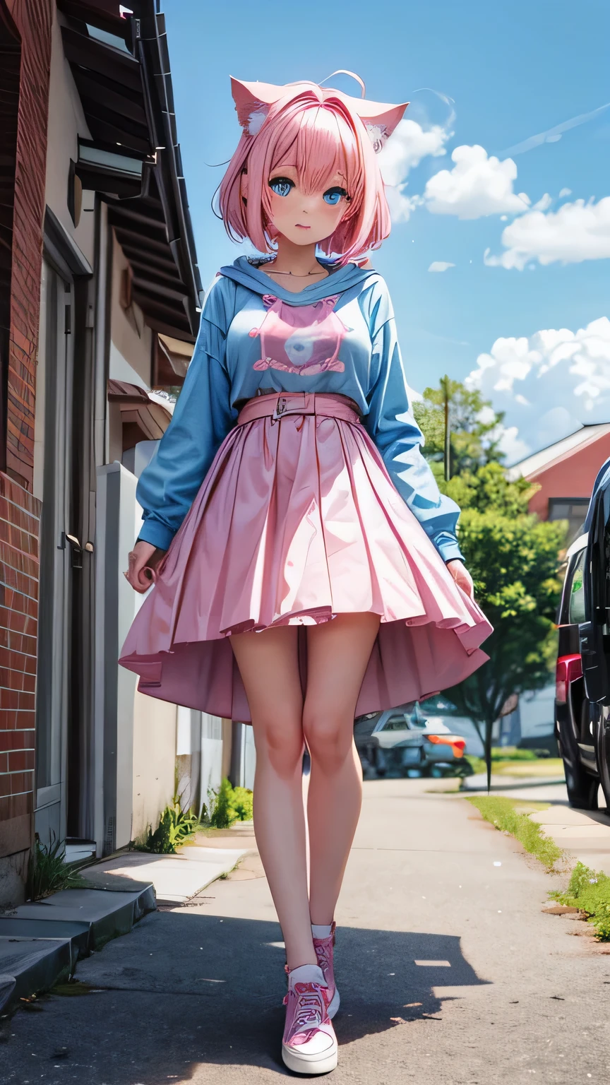 (8K, top-quality, masterpiece:1,2), (reallistic, Photorealsitic:1.37), Super Detail, One girl,), (Highly detailed), (beautifully detailed eyes), (of the highest quality), (super detailed ), (masterpiece), (Detailed face),20yr old, ,1 girl, (full body), ((pink hair,Very short hair)), medium breasts, clothed, Perfect Lighting, looking at viewer, aroused face, naughty face, (pink raincoat:1.3), (white lace on hood:1.2), (white knit dress:1.4), (ribbon on neck:1.2), (heart-shaped buttons:1.2), (frills on pockets:1.2), (lace on hem:1.2), (white knee-high socks:1.3), (lace on socks:1.2), (pink rain boots:1.3), (heels on boots:1.2), (pink umbrella:1.3), (white lace on umbrella:1.2), Rain, outside, puddle, road, utility pole