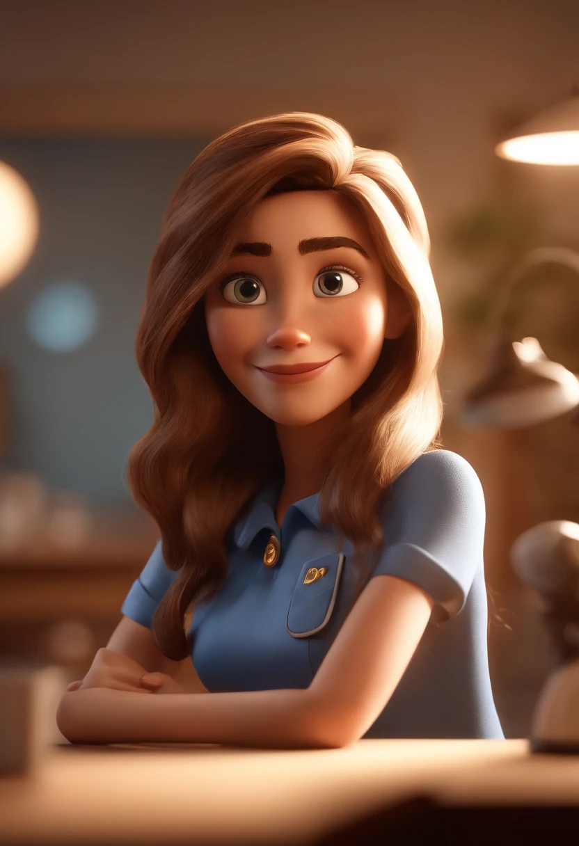 Cartoon character of a young girl ses and a blue shirt, de cabelo curto e castanho, um personagem animado, Caractere estilizado, animation style rendering, 3D estilizado, Arnold Maya render, 3 d render stylized, toon render keyshot, Personagem 3D, Personagem 3D, 3d rendering stylized, 3 d character render, personagem de desenho animado, Personagem de close up, Pose de personagem, (Estilo Pixar) (master part:1.2) (Bokeh) (best quality) (pele detalhada) (textura detalhada) (8k) (argila) (Cinematic lighting) (foco nítido,Sits and empties upper body in a dental office alone.