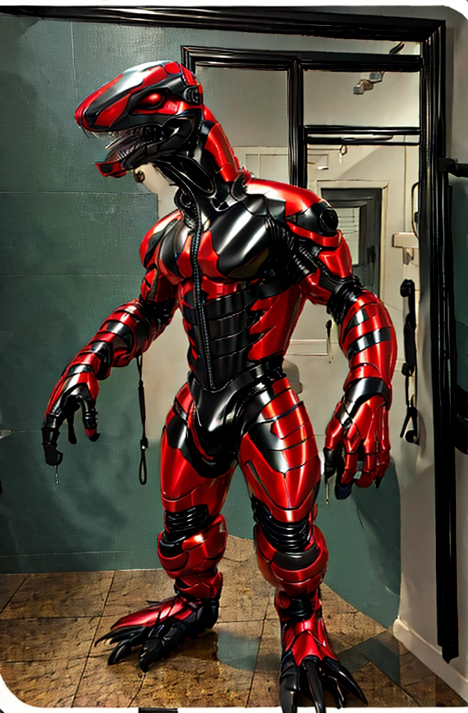 Ultra high resolution, best quality, (mirror selfie:1.4), transformation art,  (half transformation),  I see my reflection on the shiny metal wall as I morph into a mechanical deinonychus fursuit. dripping liquid metal coats my skin. I am inside a strange factory chamber, (half human:1.3), (red:1.9) (black:1.5) (purple:1.1), ((metallic liquid goo partial dripping encasement)), zipper, Horizon Zero Dawn style.