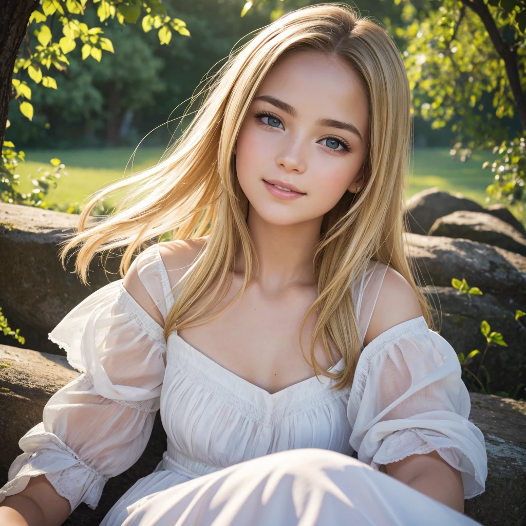(masterpiece, best quality),1girl, young woman with long white hair sitting in a field of green plants and flowers, her hand under her chin, warm lighting, white dress