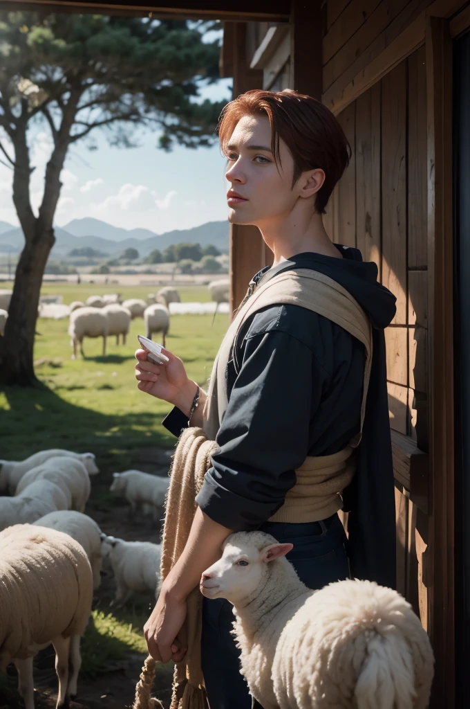 make a photo of red-haired man David in the first century period, um jovem pastor em um ambiente pastoral, Full of sheep and holding a sling in his hands, a imagem deve capturar a simplicidade e a serenidade da vida no campo Arte digital realista em 8K, digital ultra realista pintura, arte digital altamente realista8 k arte digital realista, pintura digital ultrarrealista, arte digital altamente realista, Nikon D850, 50mm, f/1.4