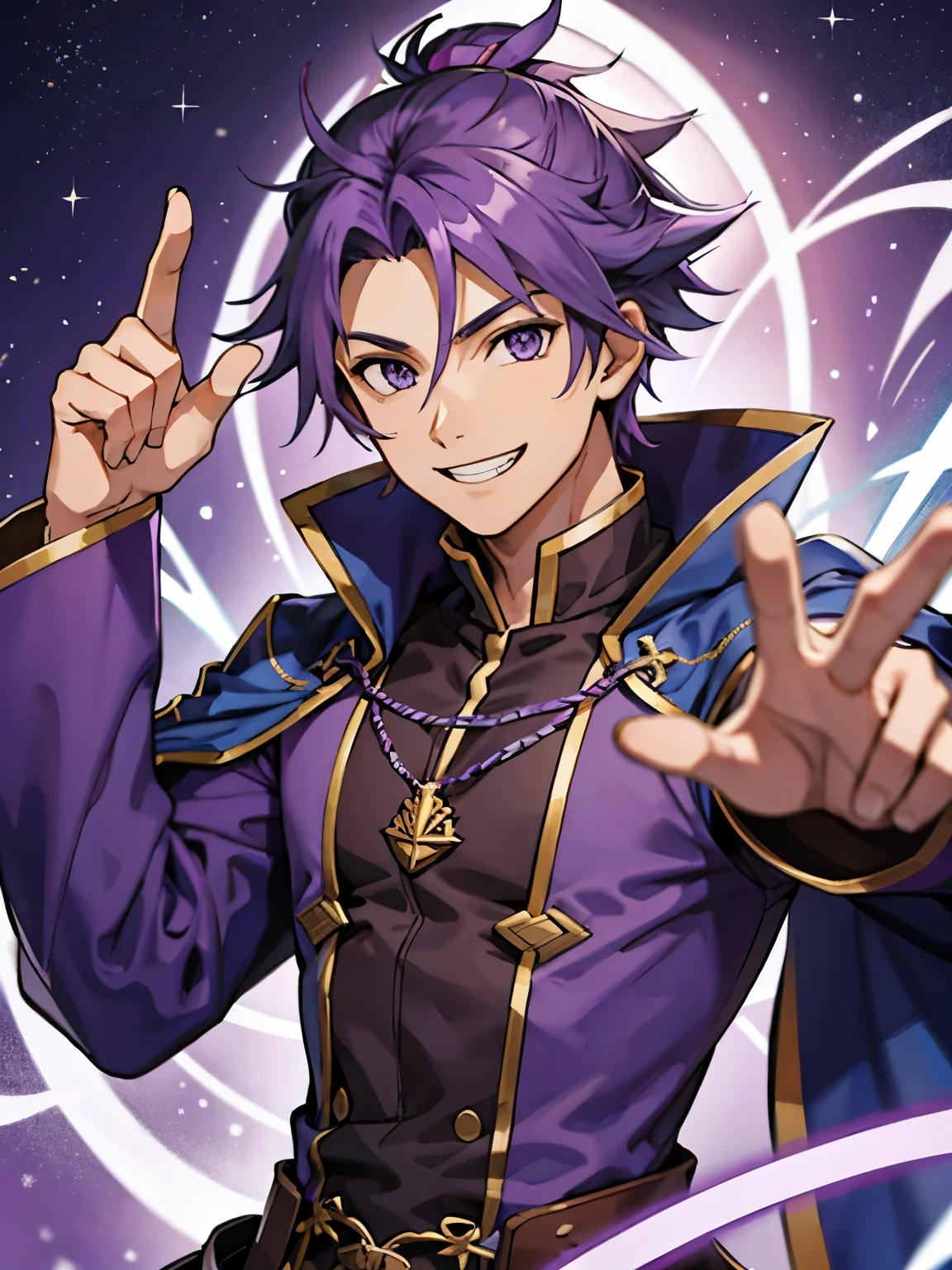 purple wizard clothes, purple hair, smiling