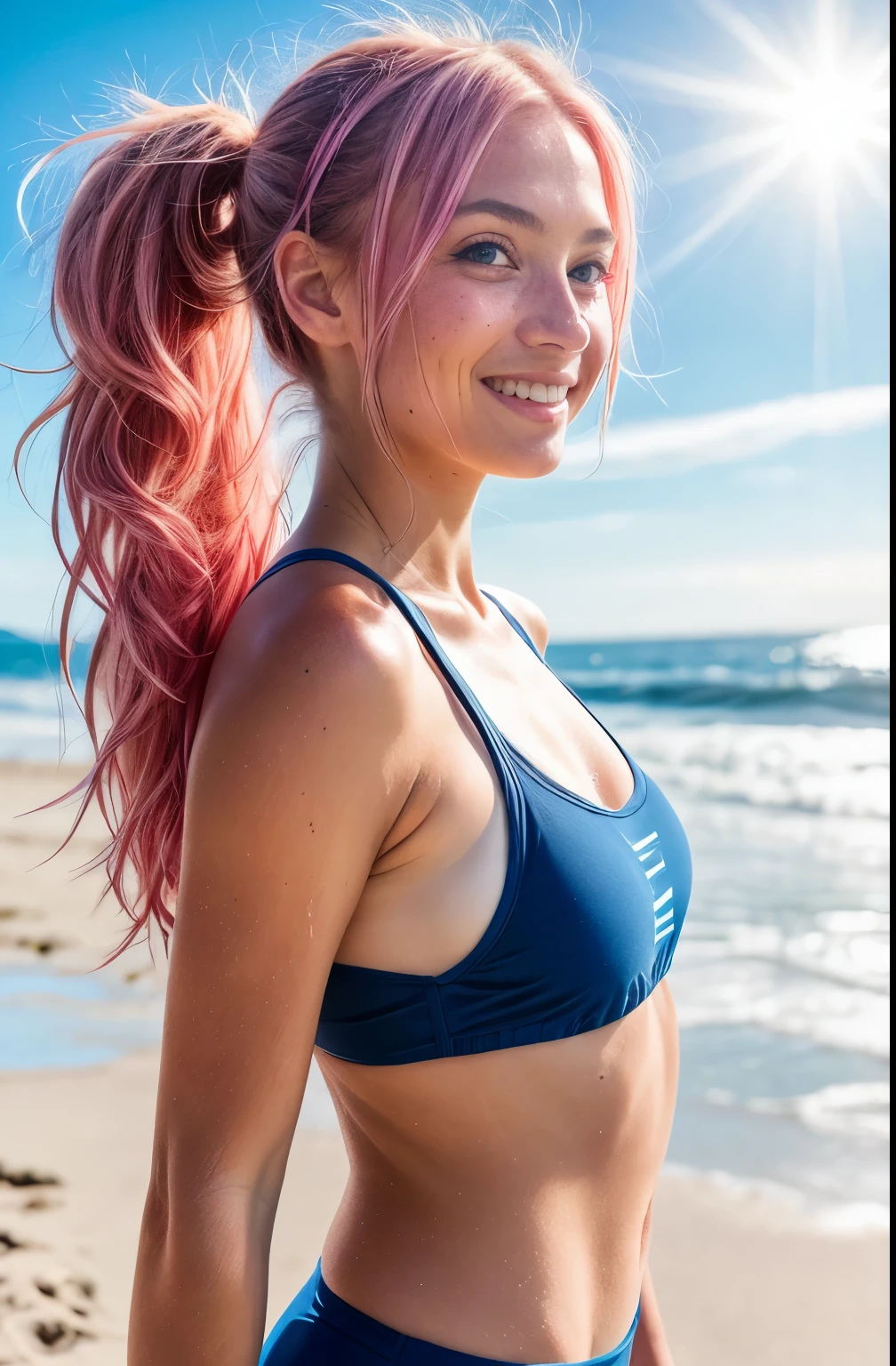 Portrait American 19 year old female, amy ,pink hair, jogger tank top, elegant and intricate details, beach background