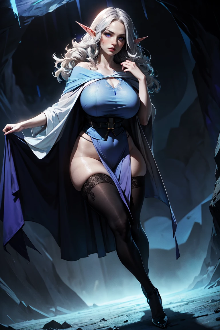 (masterpiece, best quality, perfect face, beautiful and aesthetic:1.2, dynamic angle, highest detailed face), (beautiful female elf witch, long messy silver hair, purple eyes, huge breasts, narrow waist, perfect fit body), shapely butt, thick tights, (fawless porcelain skin:1.8, pale skin:1.3), perfect fit body, (inside dark desolated cave), (blue purple theme:1.2), glowing, (blue aura:1.2), (blue energy), floating hair, telekinesis, blue energy magic swirling around), (extremely detailed eyes), detailed skin, skin pores, ((very revealing white robes)), enchanting gaze, full body portrait, cinematic lighting, darkness, dark scene, (dim light), mute lighting, dimly lit, looking at viewer, seductive pose:1.4, full shot, (solo:1.4), (high quality, CG, 4k, extremely detailed, hyper realism, dramatic light, sharp, HDR)
